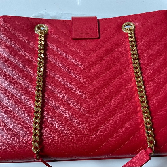 Saint Laurent Chevron-Quilted Leather Shoulder Chain Tote Bag, Red - Picture 5 of 11